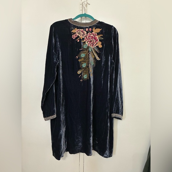 Johnny Was Blue Velvet Tunic with Pink Floral Embroidery - Picture 2 of 2
